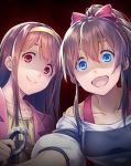  2girls blue_eyes brown_hair evil_smile idolmaster idolmaster_million_live! long_hair multiple_girls nanaran open_mouth ponytail red_eyes satake_minako smile tanaka_kotoha yandere 