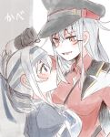  2girls ainu_clothes blue_eyes blush brown_gloves closed_mouth eyebrows_visible_through_hair facial_scar gangut_(kantai_collection) gloves grey_hair hair_between_eyes hair_ornament hairclip hat itomugi-kun jacket jacket_on_shoulders japanese_clothes kamoi_(kantai_collection) kantai_collection long_hair looking_at_another looking_at_viewer military military_hat military_jacket military_uniform multiple_girls naval_uniform peaked_cap red_eyes red_shirt scar scar_on_cheek shirt silver_hair simple_background translated uniform white_background white_jacket 