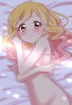  1girl absurdres aikatsu! aikatsu_stars! bangs bed bed_sheet blonde_hair blush breasts brown_eyes covering covering_breasts from_above groin highres long_hair looking_at_viewer lying navel nijino_yume nude on_back on_bed sekina small_breasts solo sweatdrop upper_body wavy_mouth 