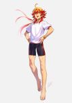  1boy ahoge azusa_(hws) barefoot bike_shorts fate/grand_order fate_(series) full_body grey_background gym_shirt gym_uniform hands_on_hips headband looking_at_viewer male_focus open_mouth rama_(fate/grand_order) red_eyes redhead shirt shorts signature simple_background smile solo t-shirt 