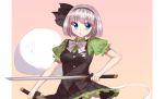  ^p^ alternate_color bangs black_bow blue_eyes bow bowtie buttons cowboy_shot dual_wielding eyebrows_visible_through_hair gem_oblivion hair_bow highres holding holding_sword holding_weapon konpaku_youmu konpaku_youmu_(ghost) open_mouth pleated_skirt pocket puffy_short_sleeves puffy_sleeves short_hair short_sleeves skirt skirt_set sword touhou weapon white_bow white_bowtie white_hair 