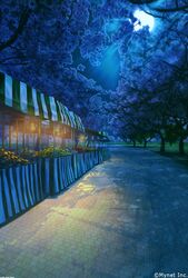  angelmaster arsenixc branch cherry_blossoms commentary_request food fruit full_moon grass highres moon moonlight night no_humans outdoors park path road scenery shadow tree tree_shade watermark 