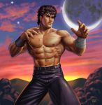  &gt;:( 1boy abs belt black_hair blue_pants closed_mouth clouds cloudy_sky commentary_request cowboy_shot dated fighting_stance frown full_moon greyscale hokuto_no_ken kenshirou looking_afar male_focus matataku monochrome moon muscle pants scar signature sky solo standing star sunset topless wristband 