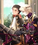  2boys armor black_hair blonde_hair blush cape fire_emblem fire_emblem:_thracia_776 fire_emblem_heroes fire_emblem_if gloves horse horseback_riding marks_(fire_emblem_if) multiple_boys reinhardt_(fire_emblem) riding smile wani_(fadgrith) 