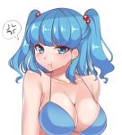  1girl anger_vein bangs blue_bikini_top blue_eyes blue_hair breasts cleavage closed_mouth eyebrows_visible_through_hair gem_oblivion hair_bobbles hair_ornament halter_top halterneck highres kawashiro_nitori large_breasts looking_at_viewer pout simple_background solo spoken_anger_vein touhou twintails upper_body white_background 