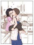  2girls apron black_hair brown_hair closed_eyes comic glasses hand_on_another&#039;s_face hands_on_another&#039;s_thighs heart imminent_kiss jewelry leg_lock m_k multiple_girls musical_note necklace original plant potted_plant ring sketch spoken_musical_note stove teapot wife_and_wife yuri 