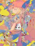 1girl abstract alternate_costume anabone blonde_hair bow colorful crystal flandre_scarlet frilled_shirt frills hat long_hair medium_hair mob_cap multicolored puffy_short_sleeves puffy_sleeves ribbon shirt short_sleeves side_ponytail solo touhou wings 