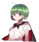  1girl absurdres antenna_hair bangs blush cape closed_mouth collared_shirt eyebrows_visible_through_hair gem_oblivion green_eyes green_hair highres looking_at_viewer puffy_sleeves shirt short_hair simple_background smile solo touhou upper_body white_background white_shirt wriggle_nightbug 