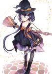  1girl artist_name blue_hair boots broom commentary_request ecru halloween_costume hat leggings solo witch witch_hat 