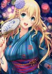  1girl artist_name atago_(kantai_collection) blonde_hair blue_eyes blue_kimono blush breasts collarbone fan floral_print flower hair_flower hair_ornament japanese_clothes kantai_collection kimono large_breasts long_hair looking_at_viewer nail_polish night obi open_mouth outdoors paper_fan red_nails sakiyamama sash solo wide_sleeves yukata 