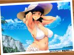  1girl :p amagasahigasa armpits arms_up belly bikini bikini_top black_hair blue_sky blush bracelet breasts cleavage clouds dated dripping hat hips jewelry large_breasts looking_at_viewer mature navel photo red_eyes short_hair sky solo straw_hat sweat sweating sweating_profusely swimsuit tongue tongue_out wet white_bikini 