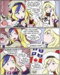  3girls admiral_paru artist_name beret blonde_hair canadian_flag civilization_(series) civilization_vi commandant_teste_(kantai_collection) english french grey_hair hat multicolored_hair multiple_girls pola_(kantai_collection) richelieu_(kantai_collection) translation_request 
