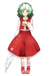  1girl ascot blush closed_mouth flan_(harry_mackenzie) full_body green_hair kazami_yuuka long_sleeves looking_at_viewer plaid plaid_skirt red_eyes red_skirt short_hair skirt smile solo standing touhou umbrella 