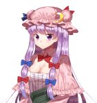  1girl absurdres bangs blue_bow bow bowtie breasts capelet cleavage closed_mouth crescent crescent_moon_pin expressionless eyebrows_visible_through_hair gem_oblivion hair_bow hat highres long_hair looking_at_viewer medium_breasts mob_cap patchouli_knowledge pink_hat purple_hair red_bow red_bowtie sidelocks simple_background solo striped touhou upper_body vertical_stripes violet_eyes white_background 