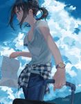  1girl aspara bangs blue_sky clothes_around_waist clouds cloudy_sky day denim eyebrows_visible_through_hair fashion from_side highres holding jeans long_hair luggage map map_(object) original outdoors pants parted_lips ponytail short_sleeves sidelocks sky solo standing sweater_around_waist watch watch wind 