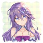  1girl anemone_(flower_knight_girl) blue_eyes bow closed_mouth detached_collar flower flower_knight_girl hair_bow hair_flower hair_ornament long_hair looking_at_viewer multicolored multicolored_eyes pnt_(ddnu4555) purple_bow purple_hair smile solo upper_body violet_eyes white_choker 
