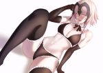  arm_support bare_shoulders black_bra black_legwear blonde_hair blush bow bow_panties bra breasts choker cleavage fate/grand_order fate_(series) headpiece jeanne_alter lace lace-trimmed_bra lace-trimmed_panties lace-trimmed_thighhighs lace_choker looking_at_viewer panties ribbon_choker ruler_(fate/apocrypha) short_hair side-tie_panties thigh-highs thighs ulrich_(tagaragakuin) underwear white_background yellow_eyes 