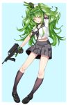  1girl aqua_background arm_up black_choker black_legwear black_neckerchief black_sailor_collar black_shoes black_skirt full_body girls_frontline gloves green_gloves green_hair gun highres holding holding_gun holding_weapon kneehighs long_hair looking_at_viewer m950a m950a_(girls_frontline) neckerchief object_namesake pleated_skirt school_uniform serafuku shirt shoes skirt smile solo tsuaaa twintails v weapon white_shirt yellow_eyes 