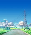  arsenixc blue_sky bush clouds cloudy_sky day everlasting_summer field grass highres horizon landscape no_humans outdoors plant power_lines road scenery shadow sky utility_pole valley 