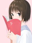  1girl aspara bangs blue_eyes book brown_hair covered_mouth eyebrows_visible_through_hair from_side hands_up highres holding holding_book looking_at_viewer original pink_background red_string school_uniform serafuku short_hair simple_background solo string upper_body 