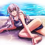  1girl ass bare_shoulders barefoot breasts cleavage full_metal_panic! grey_eyes hair_between_eyes large_breasts long_hair looking_at_viewer lying mimominopekori name_tag on_side one-piece_swimsuit pool poolside school_swimsuit silver_hair solo swimsuit teletha_testarossa water 