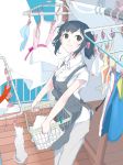  1girl apron aspara bangs blue_hair cat closed_mouth collared_shirt curtains grey_eyes highres indoors laundry laundry_basket light_smile looking_up original outdoors pants ponytail railing shirt short_sleeves sidelocks smile solo standing white_shirt wooden_floor 
