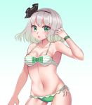  1girl bangs bare_arms bare_shoulders bikini black_bow blush bow bow_bikini breasts cleavage cowboy_shot eyebrows_visible_through_hair gem_oblivion gradient gradient_background green_bow green_eyes hair_bow halter_top halterneck hand_up highres horizontal_stripes konpaku_youmu looking_at_viewer medium_breasts multicolored multicolored_background navel open_mouth short_hair side-tie_bikini silver_hair solo striped striped_bikini swimsuit touhou two-tone_background wristband 