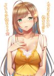  1girl bangs blush breasts brown_hair cardigan cleavage green_eyes hair_ornament hairclip hand_on_own_chest hand_up idolmaster idolmaster_cinderella_girls jewelry large_breasts looking_at_viewer necklace open_cardigan open_clothes parted_lips satou_shin simple_background smile solo swept_bangs umihotaru_harumare upper_body white_background 