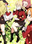  4girls :o assam black_boots black_ribbon blonde_hair boots braid brown_skirt cake chair closed_eyes cup darjeeling drinking food girls_und_panzer grass hair_ribbon highres leaf legs long_hair looking_at_another looking_at_viewer military military_uniform multiple_girls nakahira_guy orange_eyes orange_hair orange_pekoe pleated_skirt redhead ribbon rosehip short_hair sitting skirt st._gloriana&#039;s_military_uniform table teacup uniform 