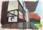  commentary day garden highres house no_humans outdoors porch sawitou_mizuki scenery sliding_doors traditional_media tree 