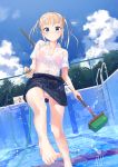  &gt;:) 1girl artist_name bangs barefoot blonde_hair blue_eyes blue_sky bra_through_clothes breasts buttons clouds day empty_pool eyebrows_visible_through_hair feet fence highres hitogata_ningen holding holding_hose hose long_hair looking_at_viewer medium_breasts mop number original outdoors panties pantyshot pantyshot_(standing) partially_unbuttoned pleated_skirt pool_ladder pov_feet school_uniform see-through shirt short_sleeves sidelocks signature skirt sky smile solo standing standing_on_one_leg toes twintails underwear water water_drop wet wet_clothes wet_shirt white_panties white_shirt wing_collar 