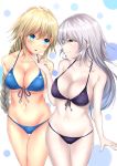  2girls absurdres bikini blonde_hair blue_bikini blue_eyes blush braid breasts cleavage cowboy_shot eye_contact fate/apocrypha fate/grand_order fate_(series) front-tie_top hand_on_another&#039;s_chin highres jeanne_alter long_hair looking_at_another medium_breasts multiple_girls phano_(125042) ruler_(fate/apocrypha) silver_hair single_braid swimsuit thigh_gap yellow_eyes yuri 
