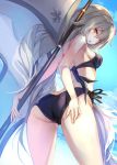  1girl ass beach bikini black_bikini blue_sky breasts day empty_eyes eyebrows_visible_through_hair fal_maro fate/grand_order fate_(series) flag flower from_behind hair_between_eyes hair_flower hair_ornament hand_on_own_ass jeanne_alter leaning_forward long_hair looking_back medium_breasts open_mouth outdoors ruler_(fate/apocrypha) side-tie_bikini sideboob silver_hair sky solo swimsuit very_long_hair yellow_eyes 