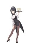  1girl alcohol black_bow black_bowtie black_hair black_shoes blue_eyes bow bowtie brown_legwear champagne champagne_flute cup drinking_glass full_body hair_ornament hand_on_own_leg high_heels highres holding holding_tray josie_rosebud leaning_forward long_hair looking_at_viewer official_art pantyhose princess_principal princess_principal_game_of_mission shoes smile standing tray very_long_hair 