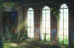  commentary_request day fantasy grass indoors miso_katsu moss no_humans original painting_(object) plant portrait_(object) ruins scenery stairs sunlight throne throne_room window 