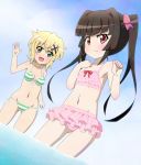  2girls :3 :d akatsuki_kirika bangs bikini black_hair blonde_hair blush bow breasts cleavage dutch_angle green_bikini green_eyes hair_bow hair_ornament long_hair looking_at_viewer medium_breasts midriff multiple_girls navel open_mouth pink_bikini pink_bow senki_zesshou_symphogear short_hair smile striped striped_bikini swimsuit tsukuyomi_shirabe violet_eyes wading water waving x_hair_ornament yaya_(20090410) 