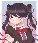  1girl alternate_hairstyle bangs black_hair blue_bow blush bow bowtie breasts closed_mouth eyebrows_visible_through_hair gem_oblivion hair_bow hand_on_own_arm highres houjuu_nue looking_at_viewer medium_breasts red_bow red_bowtie red_eyes short_sleeves solo touhou twintails upper_body 