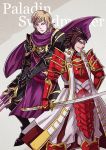  2boys armor blonde_hair brown_hair cape fire_emblem fire_emblem_if frown gauntlets grim gzei holding holding_weapon katana looking_at_viewer multiple_boys shinonome_(fire_emblem_if) siegbert_(fire_emblem_if) spiky_hair sword weapon 