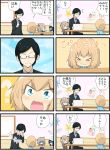  &gt;_&lt; 4koma black_hair blonde_hair blue_eyes comic fang formal girls_und_panzer hairband highres jinguu_(4839ms) katyusha kindergarten_uniform mika_(girls_und_panzer) opaque_glasses shimada_arisu side_ponytail sleep_mask suit translated tsuji_renta yellow_eyes younger 