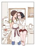  2girls apron arm_around_shoulders between_legs black_border black_hair blush border brown_hair coffee_mug comic cropped_legs eye_contact glasses hand_between_legs heart kitchen looking_at_another m_k multiple_girls original outside_border short_hair shorts sketch smile wife_and_wife yuri 