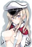  1girl blonde_hair breasts capelet erect_nipples graf_zeppelin_(kantai_collection) hair_between_eyes hat inuzumi_masaki kantai_collection large_breasts long_hair long_sleeves military military_uniform peaked_cap sidelocks solo twintails uniform violet_eyes 