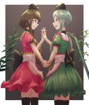  2girls bamboo black_bow bow branch brown_background brown_hair commentary_request dress frills green_dress green_eyes green_hair hand_holding hat interlocked_fingers leaf looking_at_another multiple_girls nishida_satono pink_dress puffy_short_sleeves puffy_sleeves red_bow red_eyes red_ribbon ribbon roke_(taikodon) short_hair_with_long_locks short_sleeves smile tate_eboshi teireida_mai thigh-highs touhou yellow_bow yellow_ribbon 