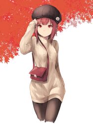  1girl alternate_costume autumn_leaves bag black_hat black_legwear casual closed_mouth commentary_request contemporary ecowboy_shot handbag hat highres kantai_collection koretsuki_azuma long_sleeves looking_at_viewer pantyhose red_eyes redhead ribbed_sweater short_hair smiley_face solo sweater white_background z3_max_schultz_(kantai_collection) 