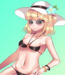  1girl bangs bare_arms bare_shoulders bikini black_bikini blonde_hair blush bracelet breasts closed_mouth cowboy_shot eyebrows_visible_through_hair flower gem_oblivion glasses green_background green_eyes groin halter_top halterneck hat highres jewelry leaf looking_at_viewer medium_breasts mizuhashi_parsee navel o-ring_bikini pointy_ears short_hair solo swimsuit touhou white-framed_eyewear white_hat 