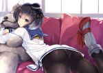  1girl ass black_eyes black_hair black_legwear blush commentary_request couch crotch_seam dress highres kantai_collection kobayashi_chisato lying on_stomach panties panties_under_pantyhose pantyhose sailor_collar sailor_dress short_dress short_hair solo tokitsukaze_(kantai_collection) underwear white_dress white_hair 