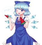 1girl ;d absurdres bangs blue_bow blue_dress blue_eyes blue_hair blush bow cirno cowboy_shot dress english eyebrows_visible_through_hair food gem_oblivion hair_bow highres holding ice ice_wings looking_at_viewer neck_ribbon one_eye_closed open_mouth popsicle puffy_short_sleeves puffy_sleeves red_ribbon ribbon short_hair short_sleeves simple_background smile solo speech_bubble touhou watermelon_bar white_background wings 