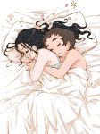  2girls black_hair brown_hair hand_holding head_on_another&#039;s_shoulder heart hug hug_from_behind long_hair m_k multiple_girls original short_hair sketch sleeping under_covers wife_and_wife yuri |3 