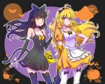  2girls ahoge bear black_hair blake_belladonna blonde_hair bow breasts cat_tail check_commentary cleavage commentary_request fang goldilocks goldilocks_and_the_three_bears hair_bow halloween halloween_costume iesupa multiple_girls prosthesis prosthetic_arm pumpkin rwby scrunchie stuffed_animal stuffed_toy tail teddy_bear thigh-highs violet_eyes yang_xiao_long yellow_eyes 