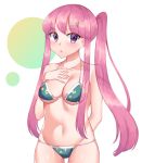  1girl alternate_hairstyle arm_behind_back bangs bare_arms bare_shoulders bikini breasts cleavage cowboy_shot eyebrows_visible_through_hair gem_oblivion hair_ornament hand_on_own_chest hata_no_kokoro highres long_hair looking_at_viewer medium_breasts navel one_side_up open_mouth pink_hair sidelocks simple_background solo swimsuit touhou violet_eyes x_hair_ornament 