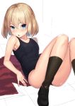  1girl bare_shoulders black_legwear blonde_hair blue_eyes breasts chestnut_mouth collarbone commentary covered_navel fang girls_und_panzer hair_between_eyes highres kagematsuri katyusha loafers looking_at_viewer lying on_back on_floor one-piece_swimsuit shoes short_hair small_breasts socks solo sweatdrop swimsuit tile_floor tiles 